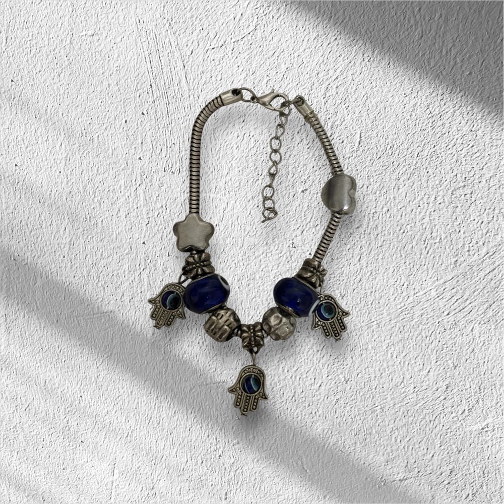 Evil Eye Charm/Bead 7.5" Bracelet Silver-Tone Women - Picture 4 of 7